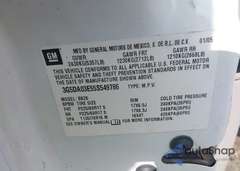 2005 Buick Rendezvous Cx z USA, uszkodzony, nr VIN 3G5DA03E55S549786